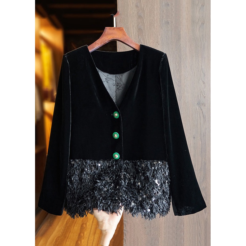 Chinese Style Black Button Sequins Patchwork Silk Velour Coats Fall