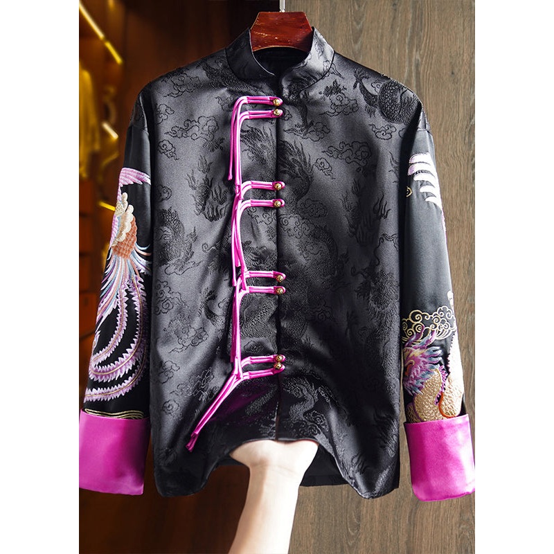 Chinese Style Black Stand Collar Tasseled Embroideried Silk Coat Fall