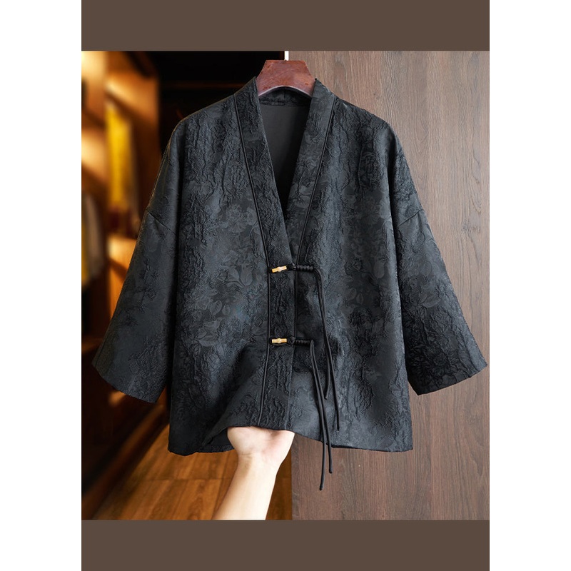 Chinese Style Black Tasseled Jacquard Patchwork Cotton Coats Fall