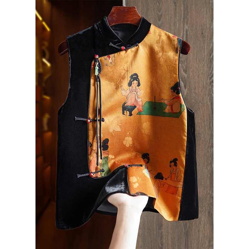 Chinese Style Black Tasseled Print Patchwork Silk Velour Vest Sleeveless