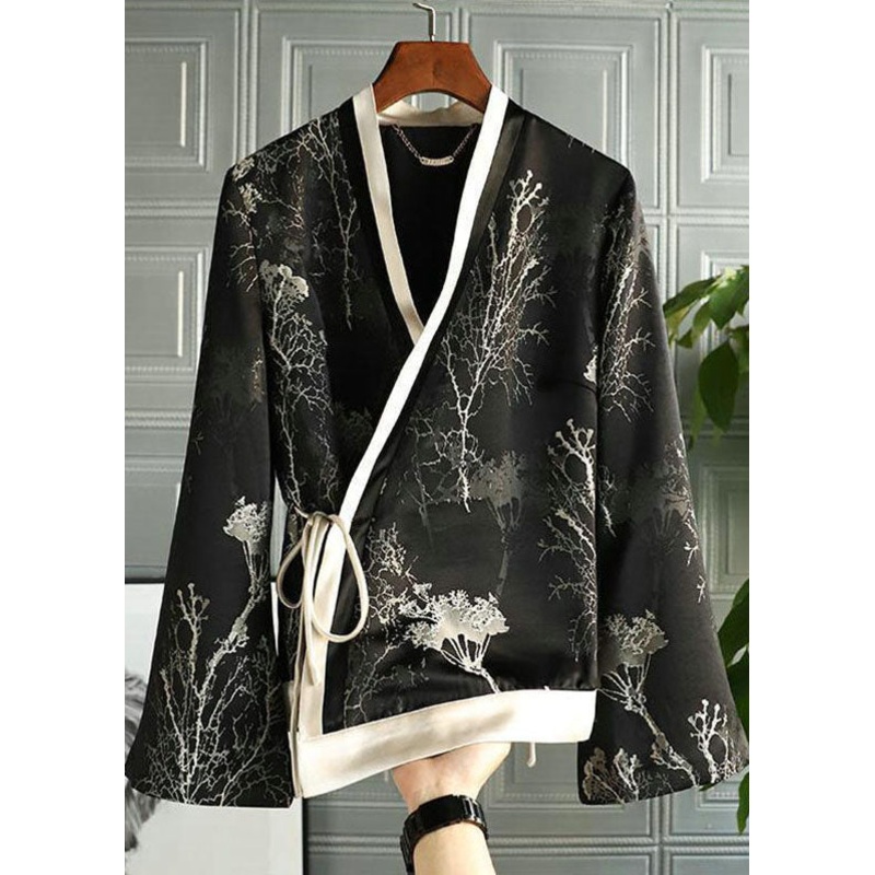 Chinese Style Black V Neck Print Side Open Silk Top Fall