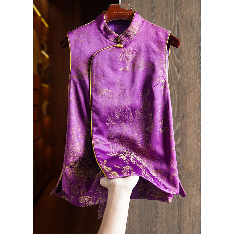 Chinese Style Casual Purple Stand Collar Print Patchwork Tie Waist Warm Silk Cotton Waistcoat Fall