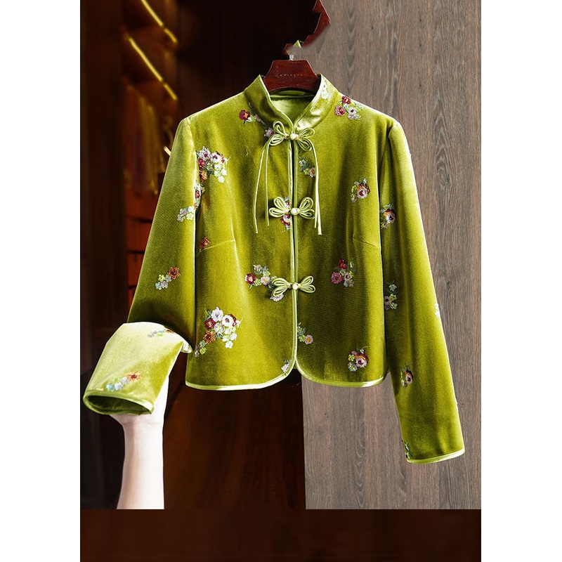 Chinese Style Green Embroideried Button Silk Velour Coats Long Sleeve