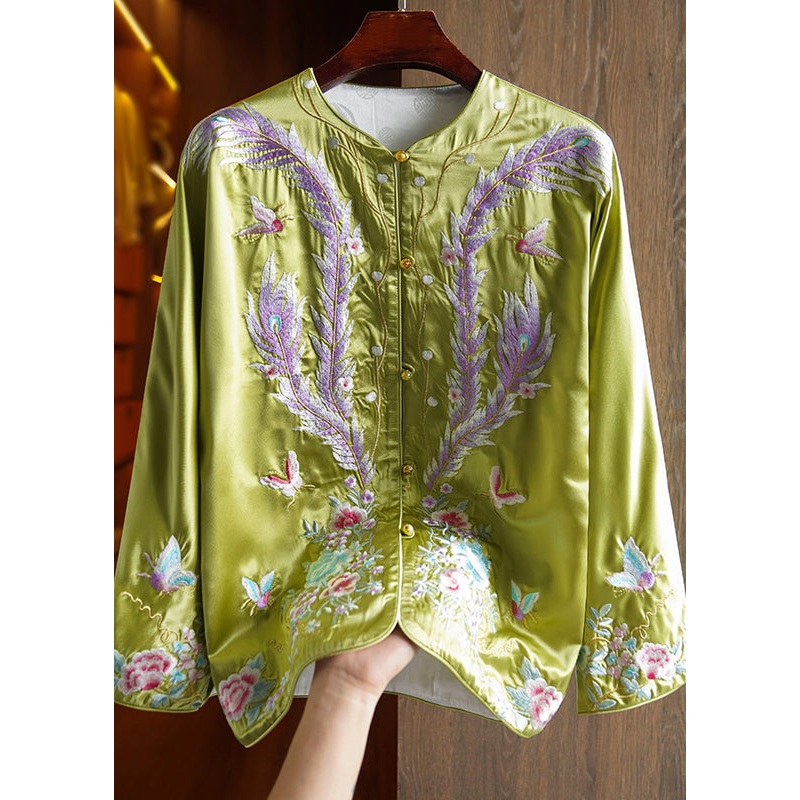 Chinese Style Green Embroideried Patchwork Silk Coat Fall