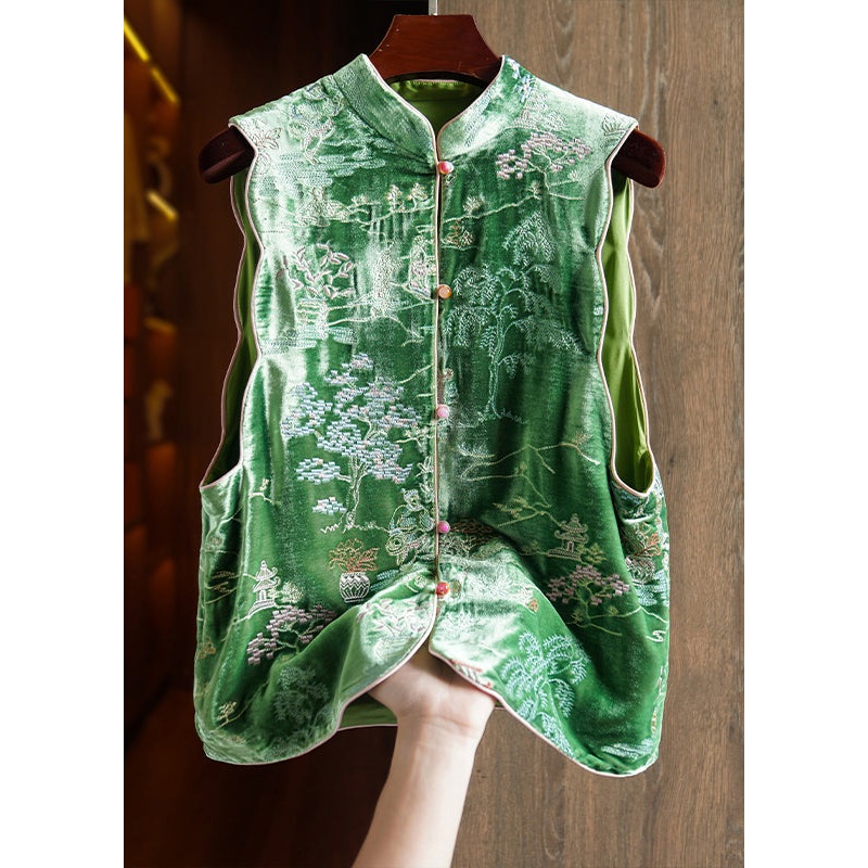 Chinese Style Green Stand Collar Embroideried Silk Velour Vest Tops Sleeveless