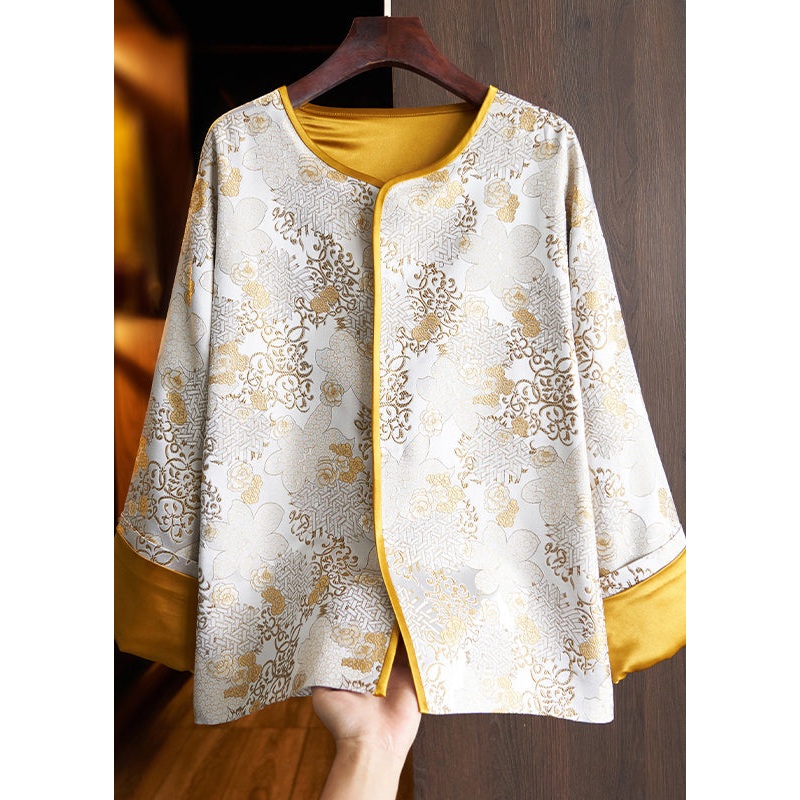 Chinese Style Yellow Jacquard Patchwork Loose Silk Coats Fall