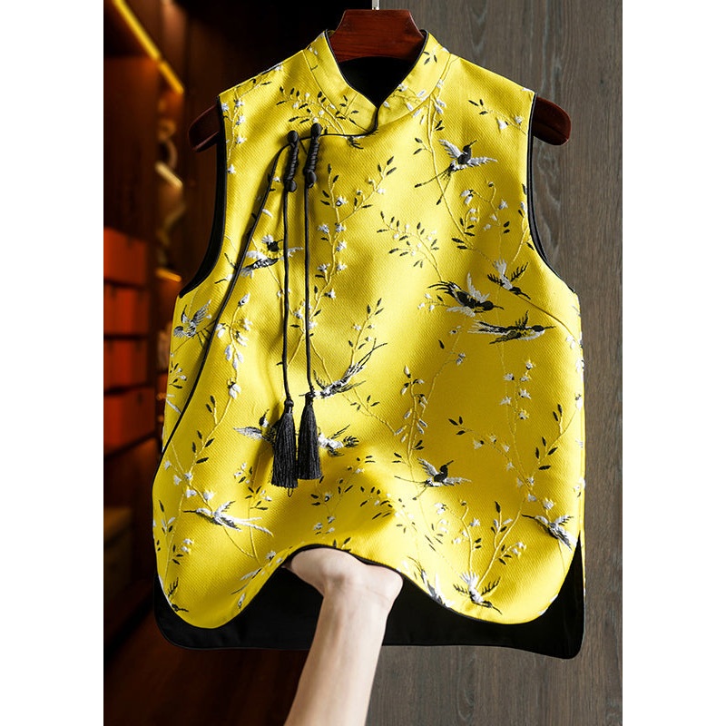 Chinese Style Yellow Tasseled Embroideried Patchwork Silk Vest Sleeveless