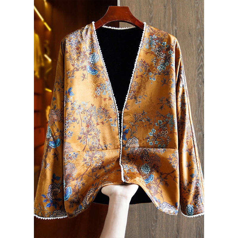 Chinese Style Yellow V Neck Print Nail Bead Wear On Both Sides Silk Coat Fall