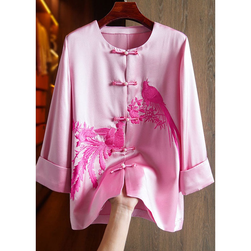 Classy Pink O-Neck Embroideried Floral Silk Top Long Sleeve