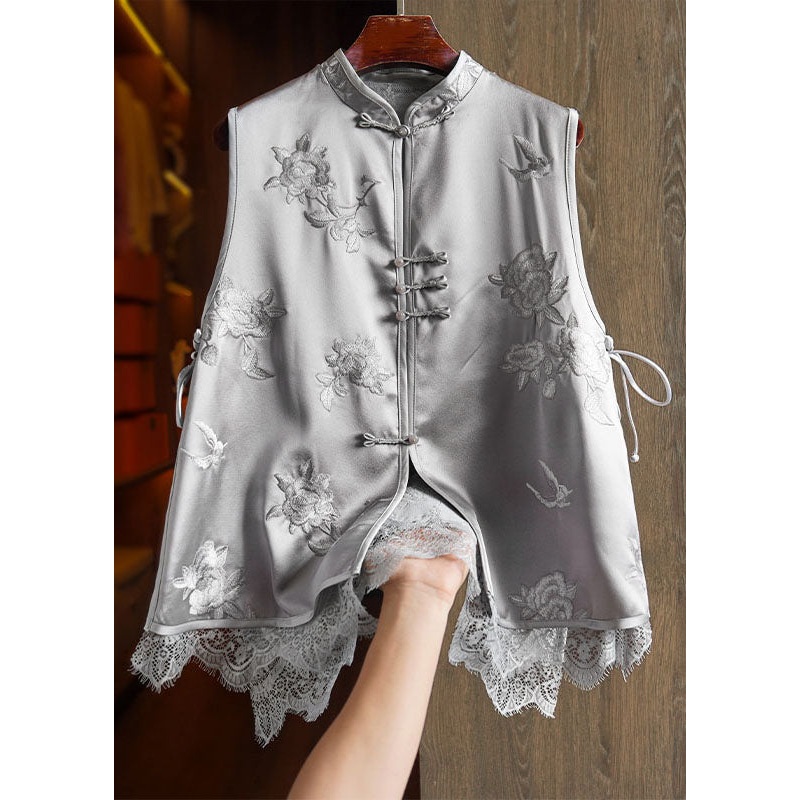 DIY Grey Embroideried Lace Patchwork Button Silk Coats Sleeveless