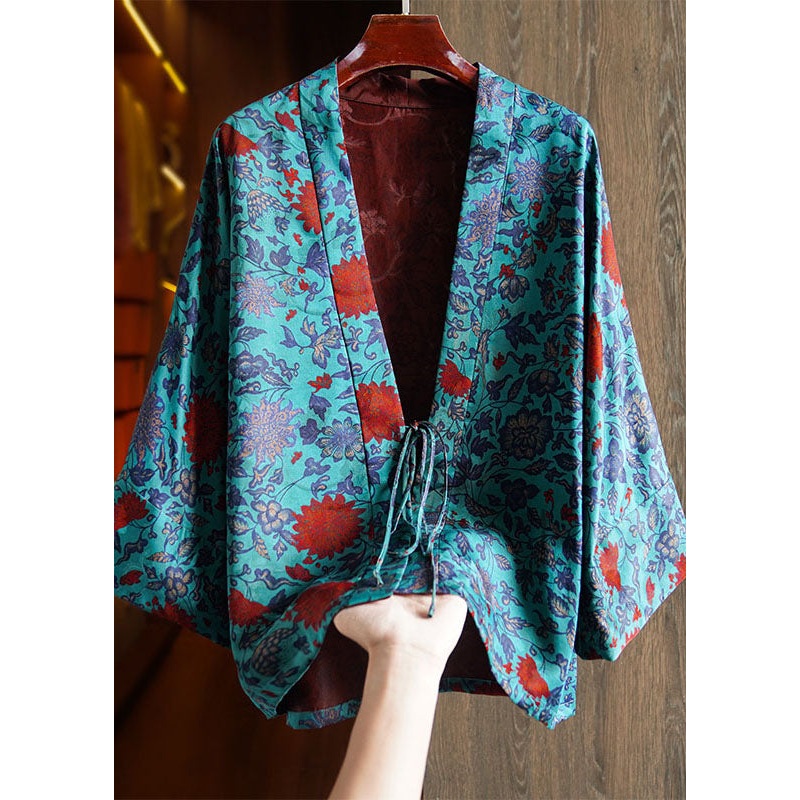 Elegant Blue V Neck Print Tie Waist Silk Coats Long Sleeve