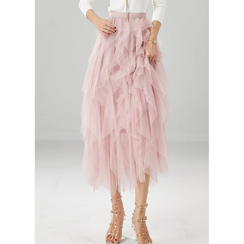 Elegant Pink High Waist Ruffles Tulle Skirt Summer