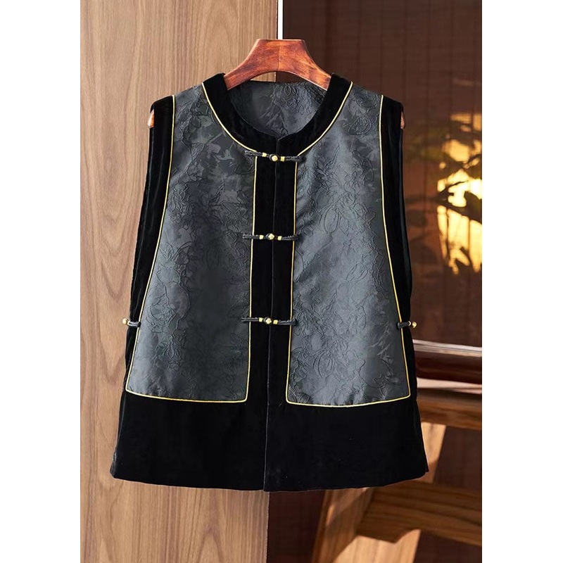 Fashion Black O-Neck Embroideried Silk Patchwork Waistcoat Sleeveless