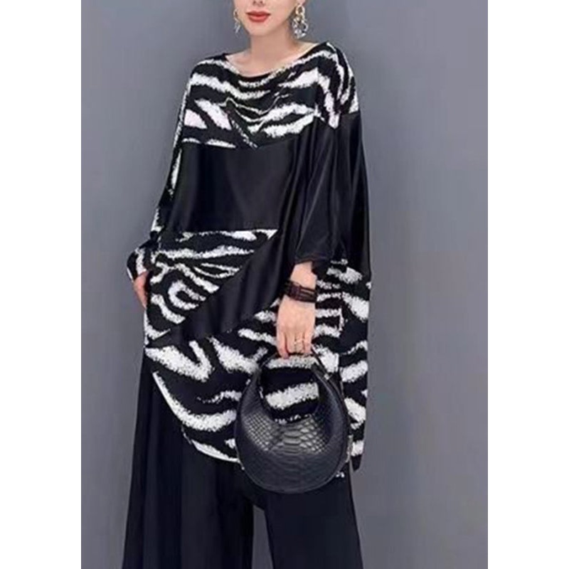 Fashion Black White Striped O-Neck Patchwork Silk Shirt Summer