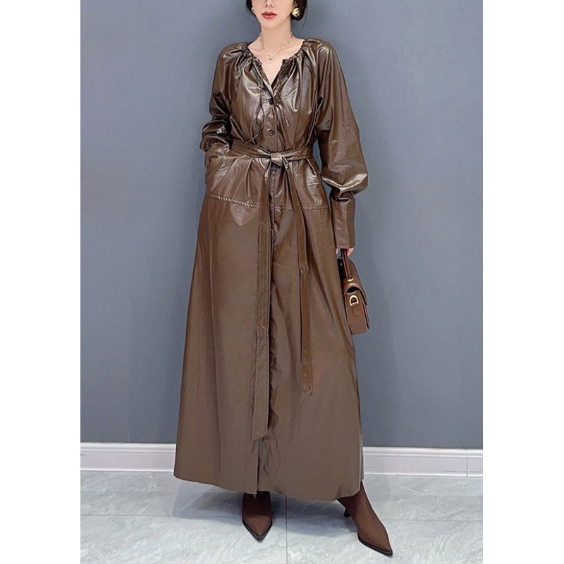 Fashion Coffee Drawstring Tie Waist Faux Leather Long Trench Coat Fall