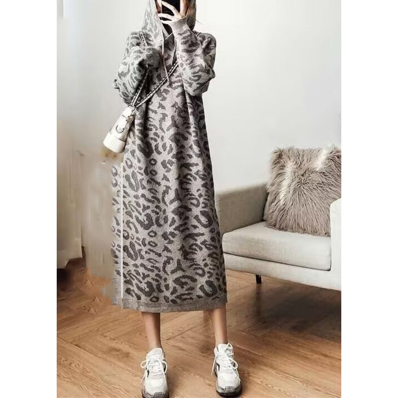 Fashion Grey Leopard Cozy Hoodie Knit Sweater Dress Fall