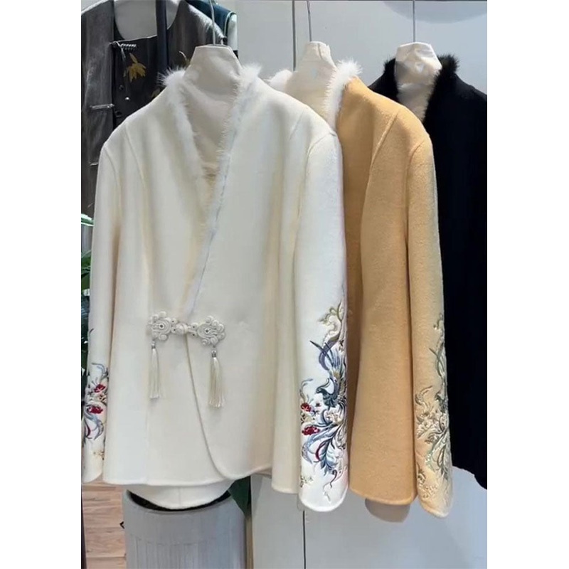 Fashion White Fur Collar Button Woolen Coat Long Sleeve