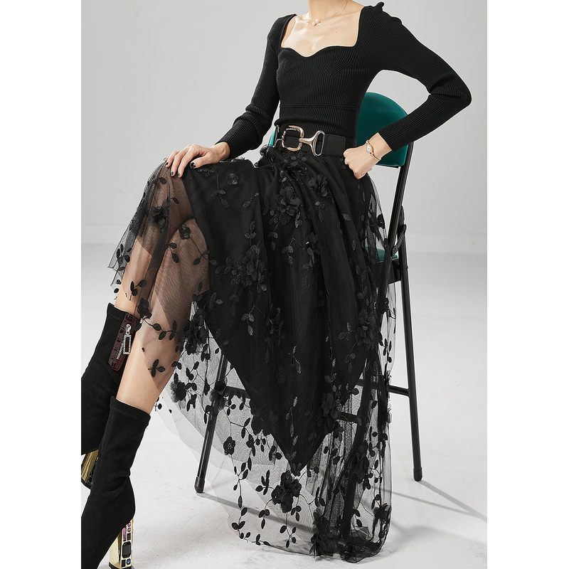 Fine Black Stereoscopic Floral Tulle Skirt Fall