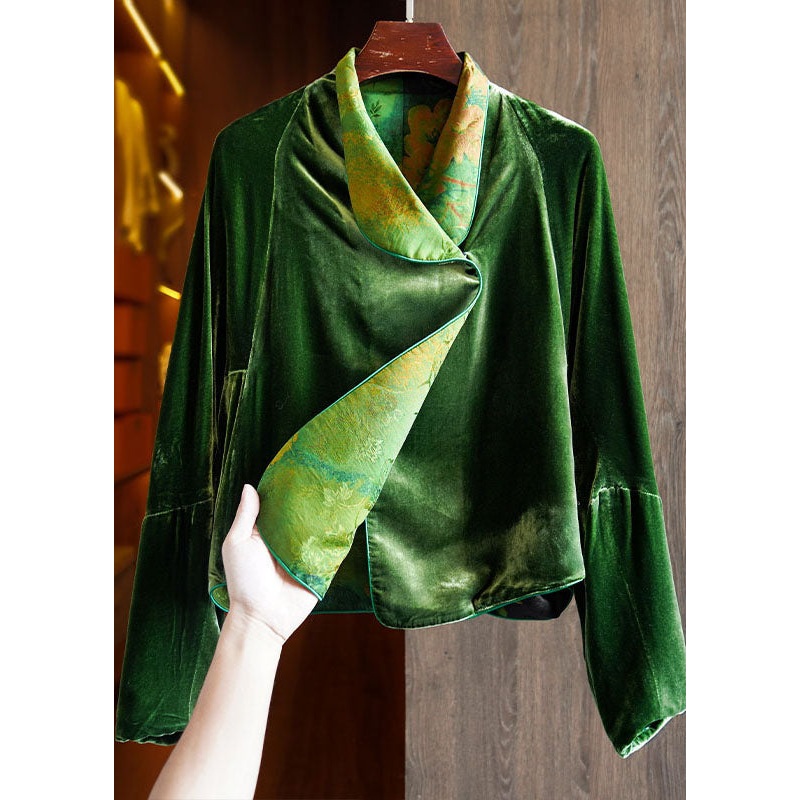 Fitted Green Silk Velour Coats Notched Long Sleeve