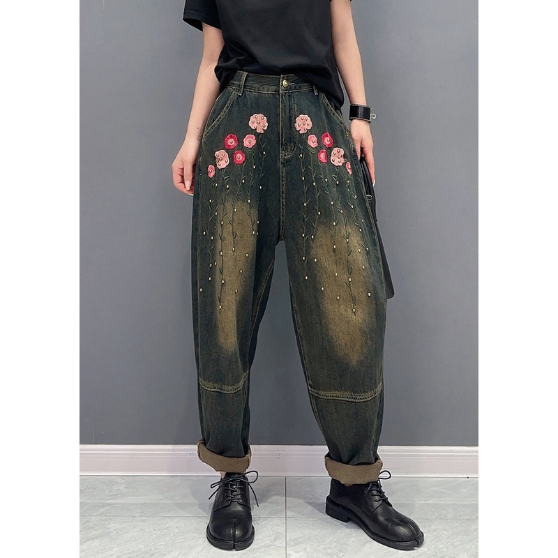 Floral Rivet Patchwork Denim Pockets Harem Pants Fall