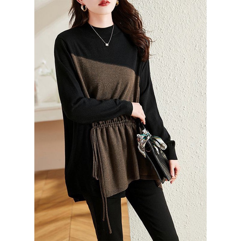 French Black Asymmetrical Patchwork Drawstring Knit Sweaters Fall