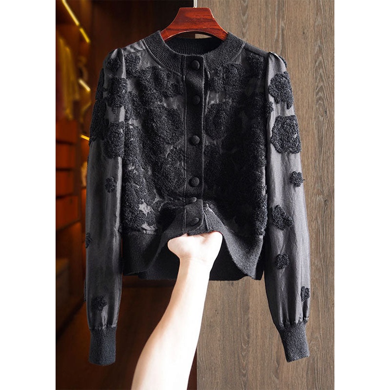 French Black O-Neck Button Silk Wool Patchwork Knit Coat Long Sleeve