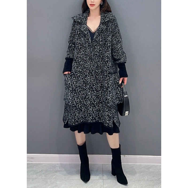 French Black Peter Pan Collar Pockets Mink Hair Knitted Coats Fall