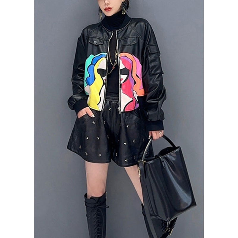 French Black Zip Up Print Patchwork Faux Leather Coats Long Sleeve