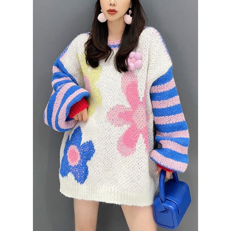 French Blue O Neck Hollow Out Patchwork Cozy Knit Top Fall