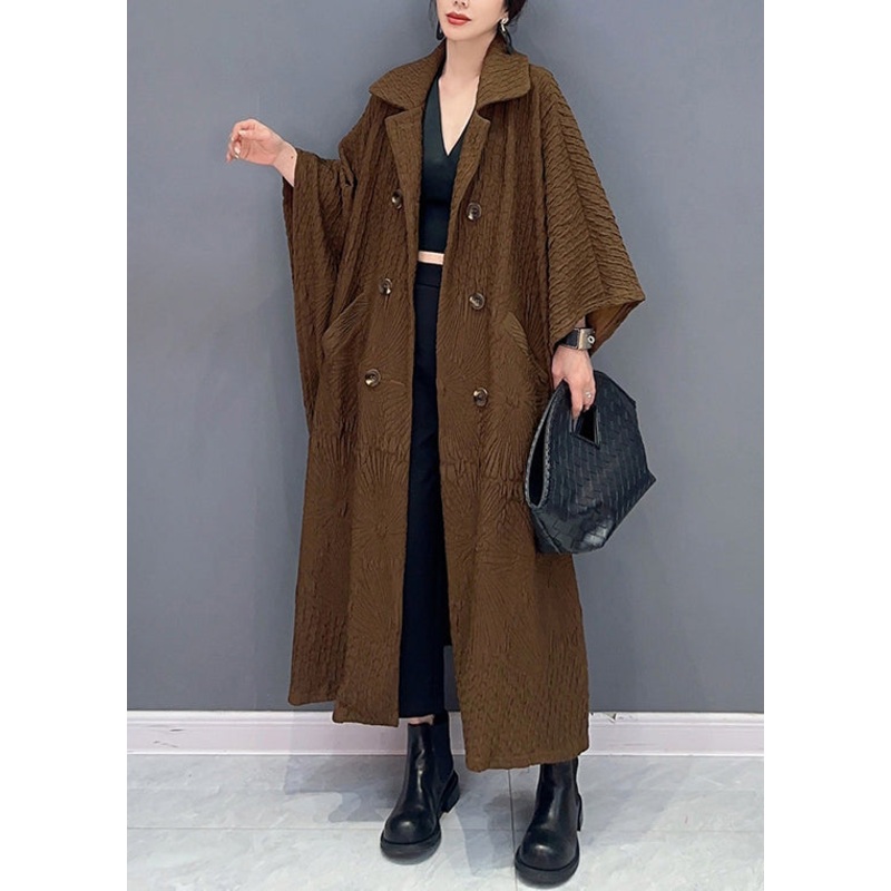 French Brown Double Breast Pockets Cotton Long Trench Coat Batwing Sleeve