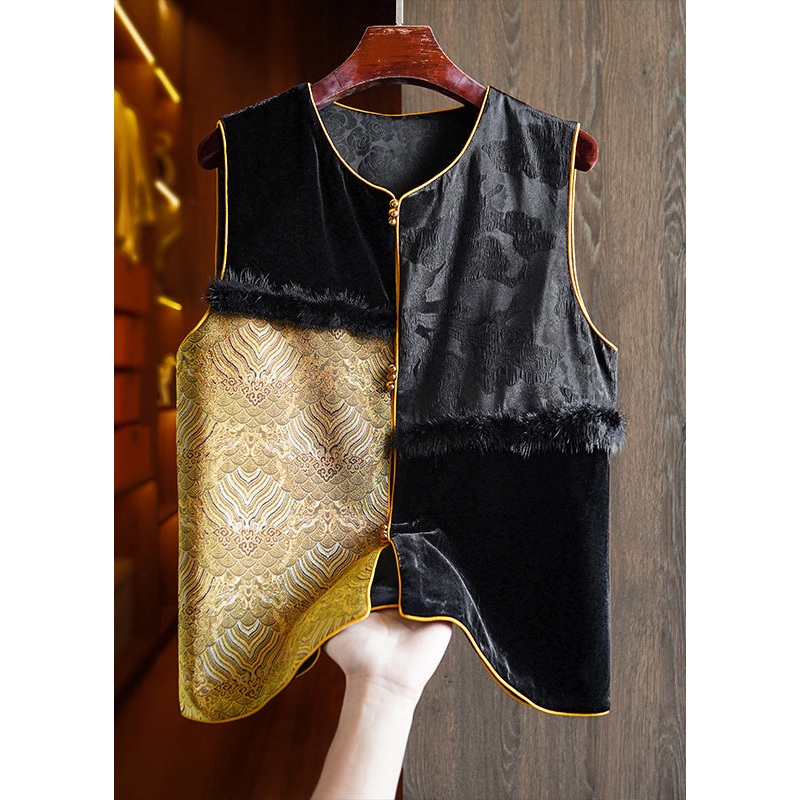 Handmade Black Jacquard Mink Hair Patchwork Silk Vest Sleeveless