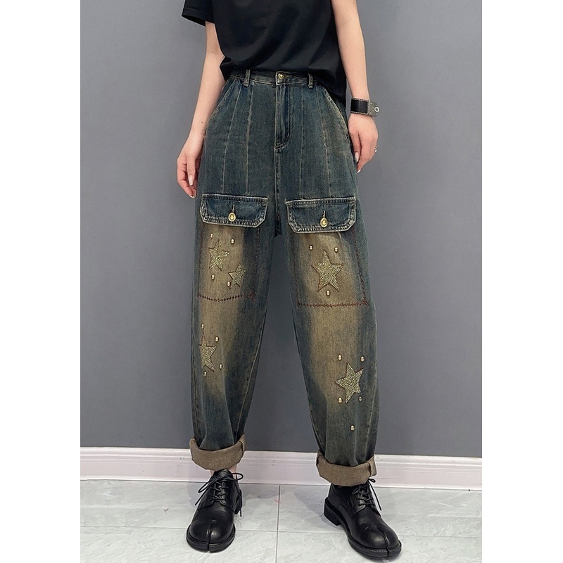 Handmade Star Zircon Pockets High Waist Patchwork Jeans Fall