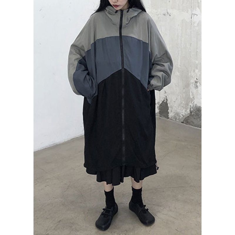 Italian Black Patchwork Zippered Drawstring Long Hoodie Trench Coat Long Sleeve