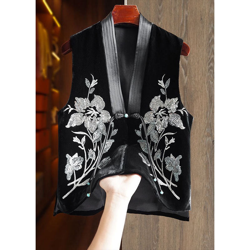 Italian Black V Neck Patchwork Embroideried Button Silk Velour Coat Fall