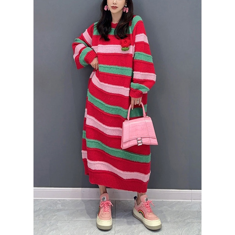 Italian Red Striped O Neck Patchwork Cotton Knit Dresses Fall