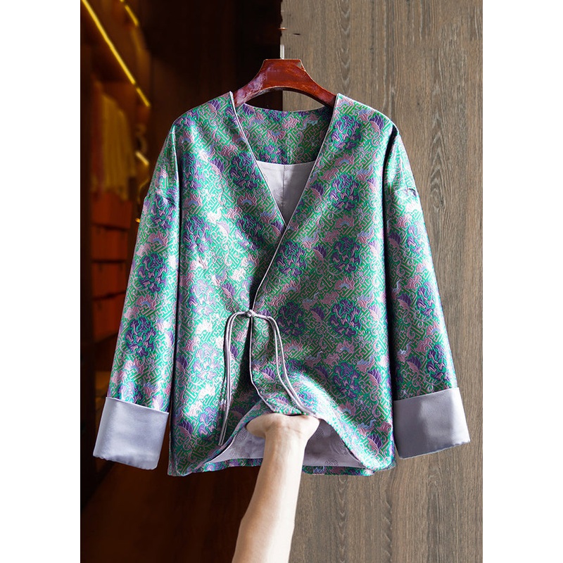Jacquard Green V Neck Chinese Button Patchwork Silk Coats Long Sleeve