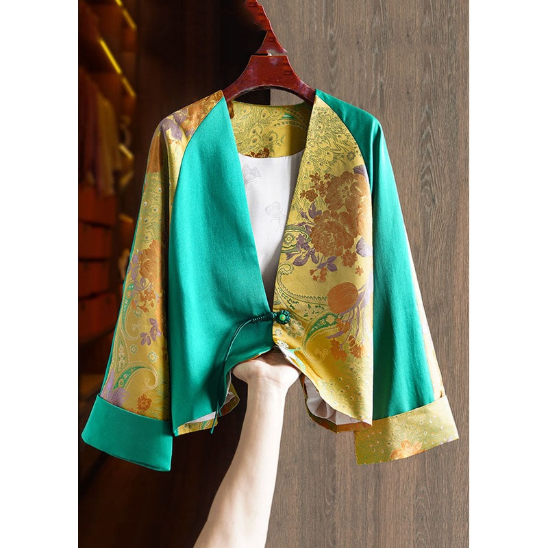 Jacquard Green V Neck Patchwork Button Silk Coats Fall