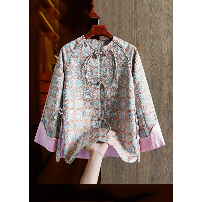 Jacquard Pink Patchwork Side Open Button Silk Coat Fall