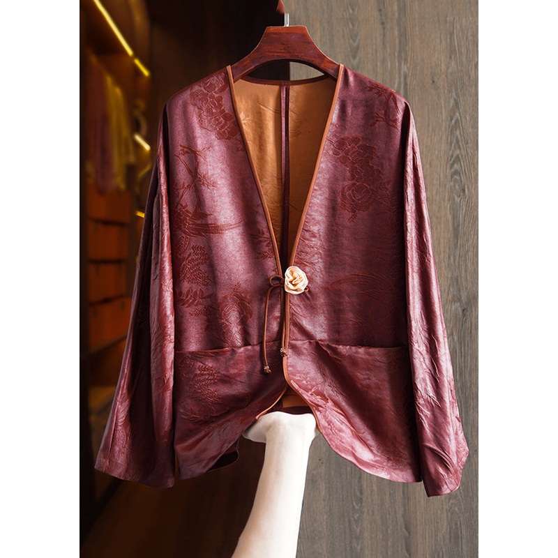 Jacquard Red Button Pockets Patchwork Silk Coats Fall