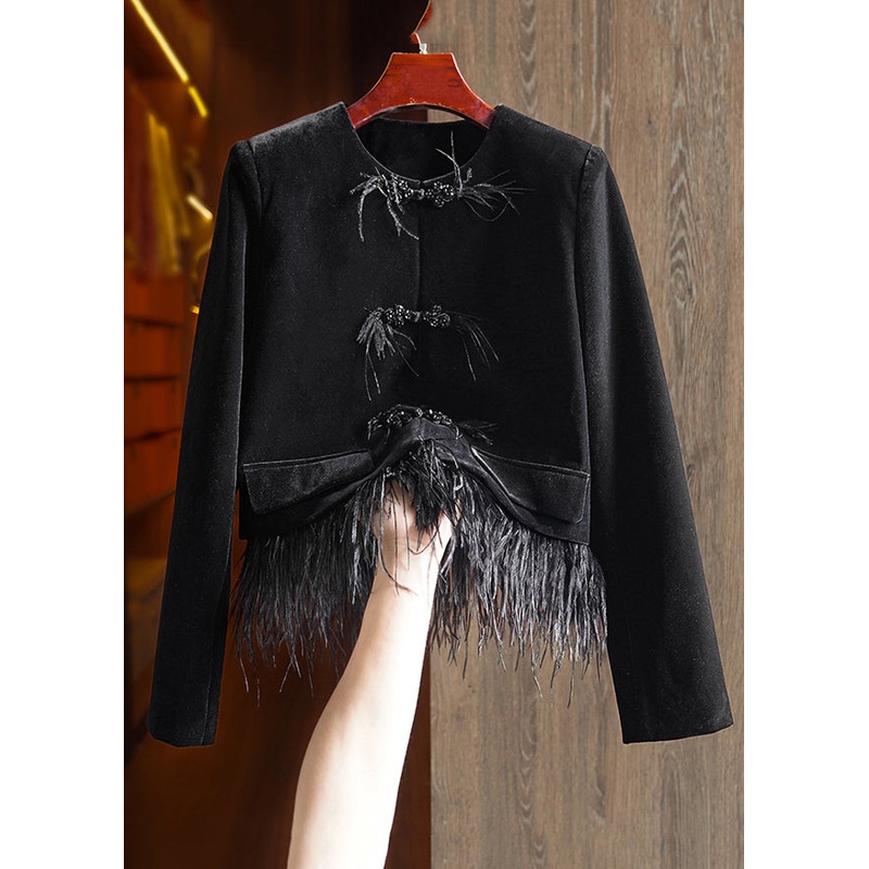 Loose Black Button Tasseled Detachable Patchwork Velour Coats Long Sleeve
