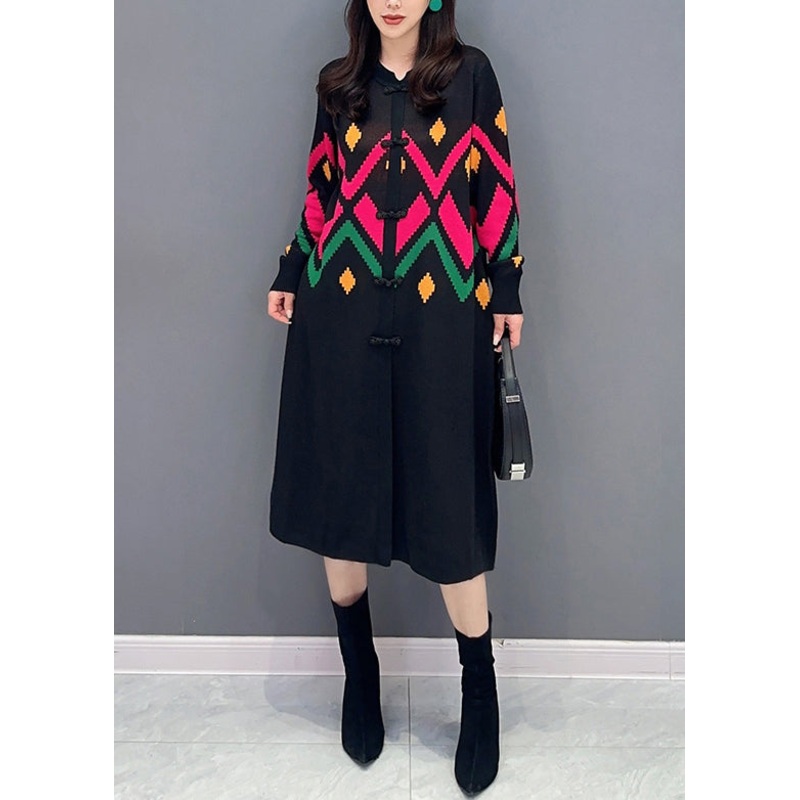 Loose Black O-Neck Button Patchwork Knit Dress Fall