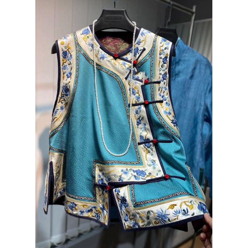 Loose Blue O-Neck Embroideried Floral Patchwork Silk Waistcoat Fall