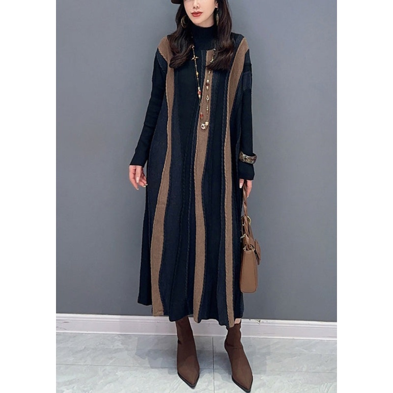 Loose Brown Striped Turtleneck Patchwork Knit Long Dresses Long Sleeve
