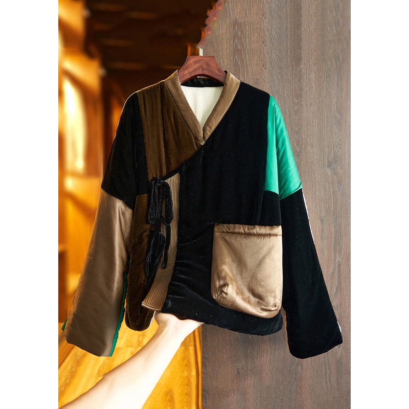 Loose Colorblock Lace Up Pockets Patchwork Silk Velour Parka Winter