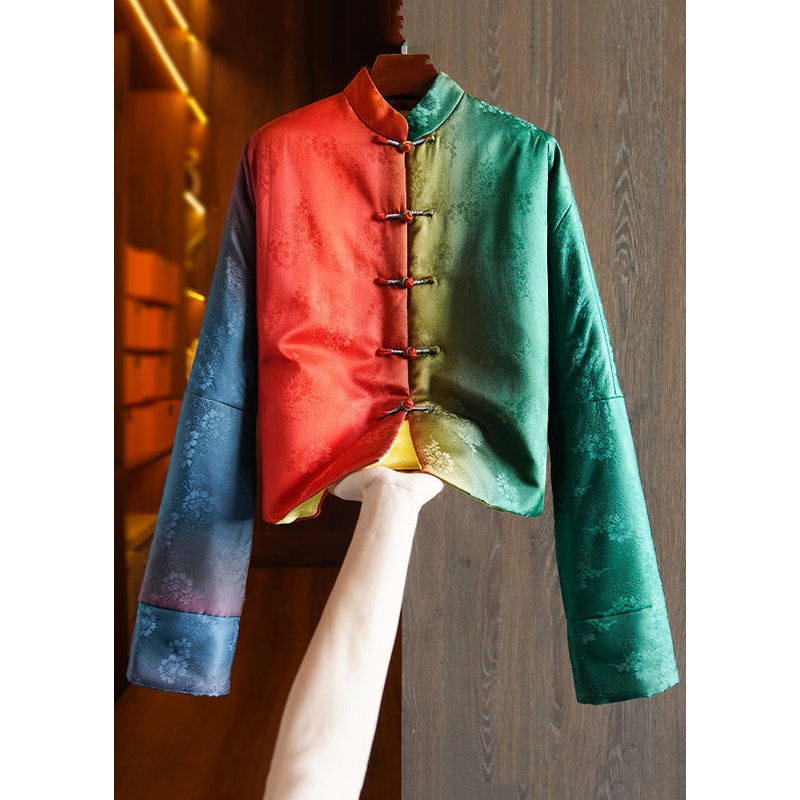 Loose Colorblock Stand Collar Button Patchwork Silk Parka Winter