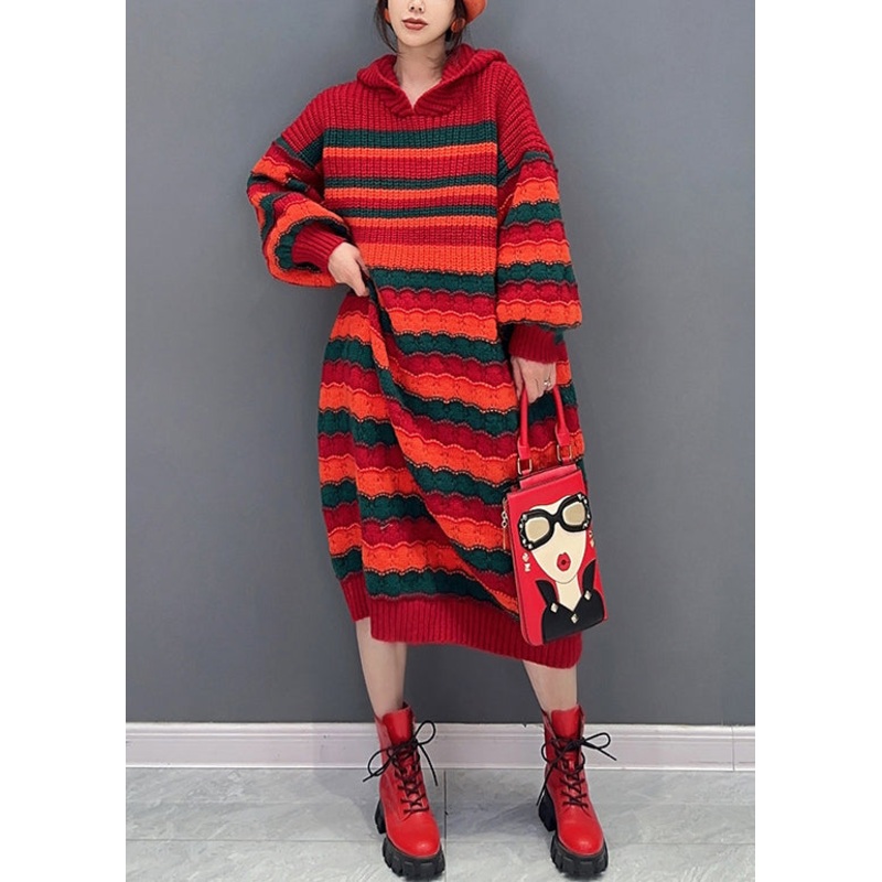 Loose Red Striped Hooded Cozy Knit Dress Long Sleeve