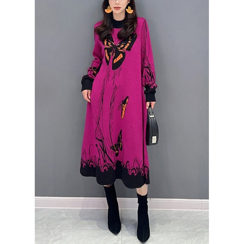Loose Rose O-Neck Print Patchwork Knit Dresses Long Sleeve