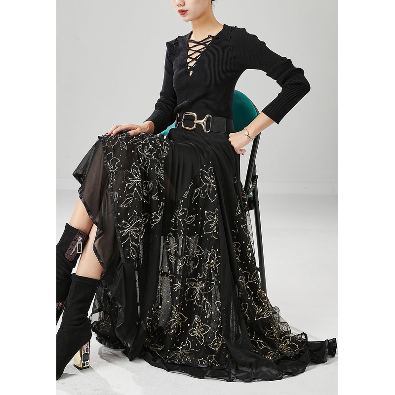 Modern Black Elastic Waist Exra Large Hem Tulle Skirt Fall