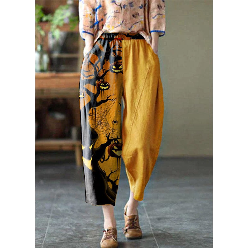 Natural yellow-half pattern Elastic Waist Summer Linen Harem Pants