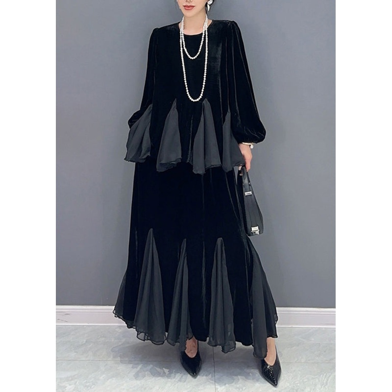 New Black O Neck Wrinkled Patchwork Silk Velour Two Pieces Set Fall